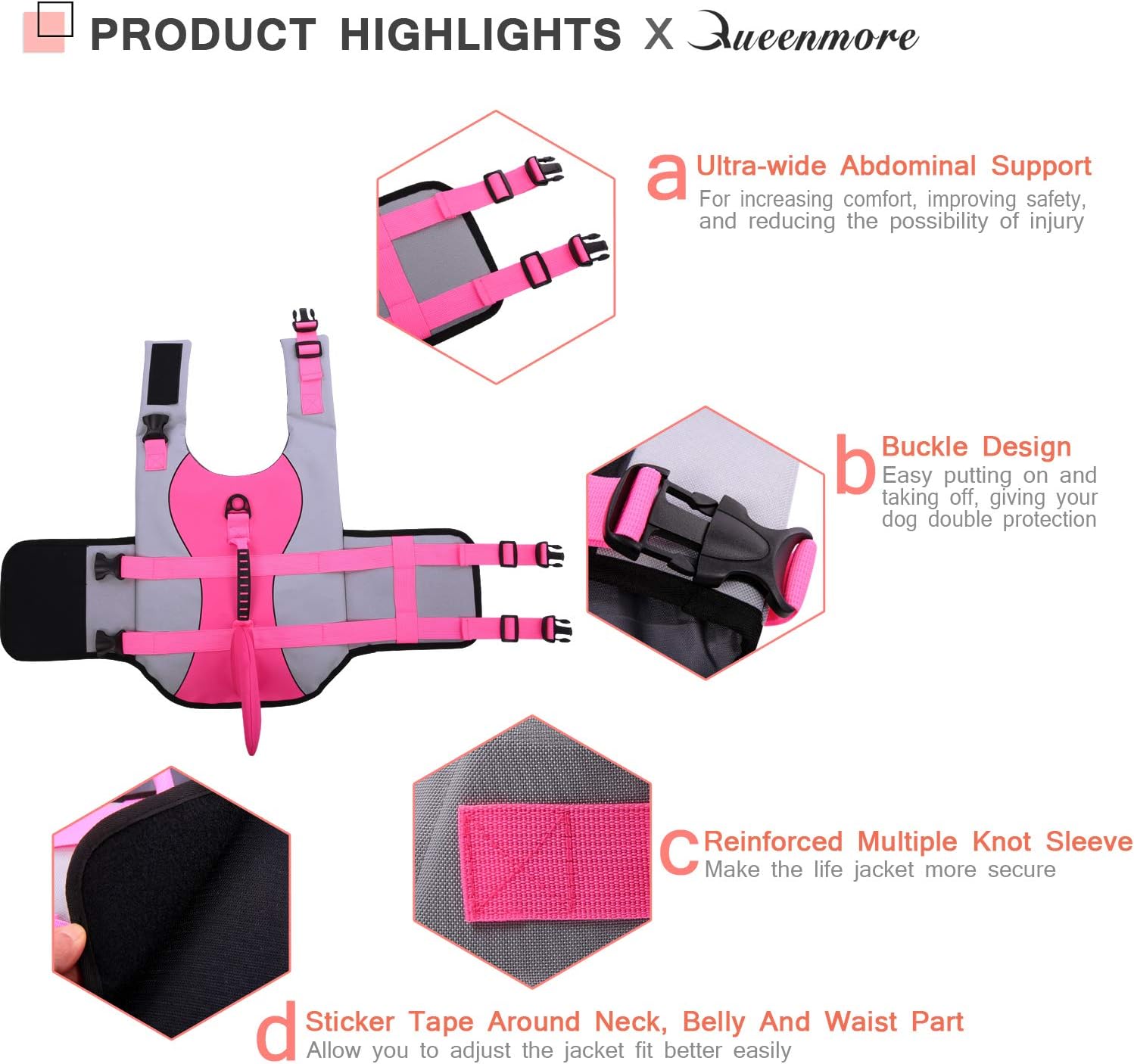 Dog Life Jacket with Rescue Handle Adjustable High Buoyancy Ripstop Safety Vest for Small, Medium & Large Dogs, Pink Shark Design (X-Small)