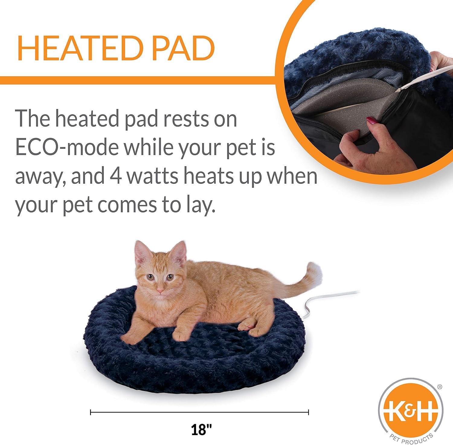 Heated Cat Bed Indoor with Bolster  Orthopedic Foam, Waterproof Heating Pad, Safety Listed Pet Warmer for Cats & Small Dogs, 18” Round (Blue)